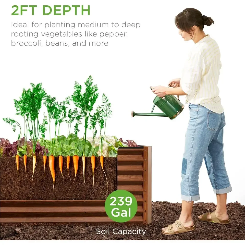 Outdoor Steel Planting Box for Deep Gardening, Ideal for Vegetables, Herbs, and Seasonal Flowers with Open Bottom - Wood Grain T