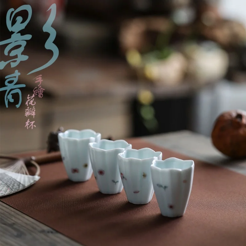 ★Jingdezhen Misty Blue Hand-Painted Flower Kung Fu Tea Cup Porcelain Tea Tasting Cup Small Tea Cup Single Pastel Kung Fu Tea Set