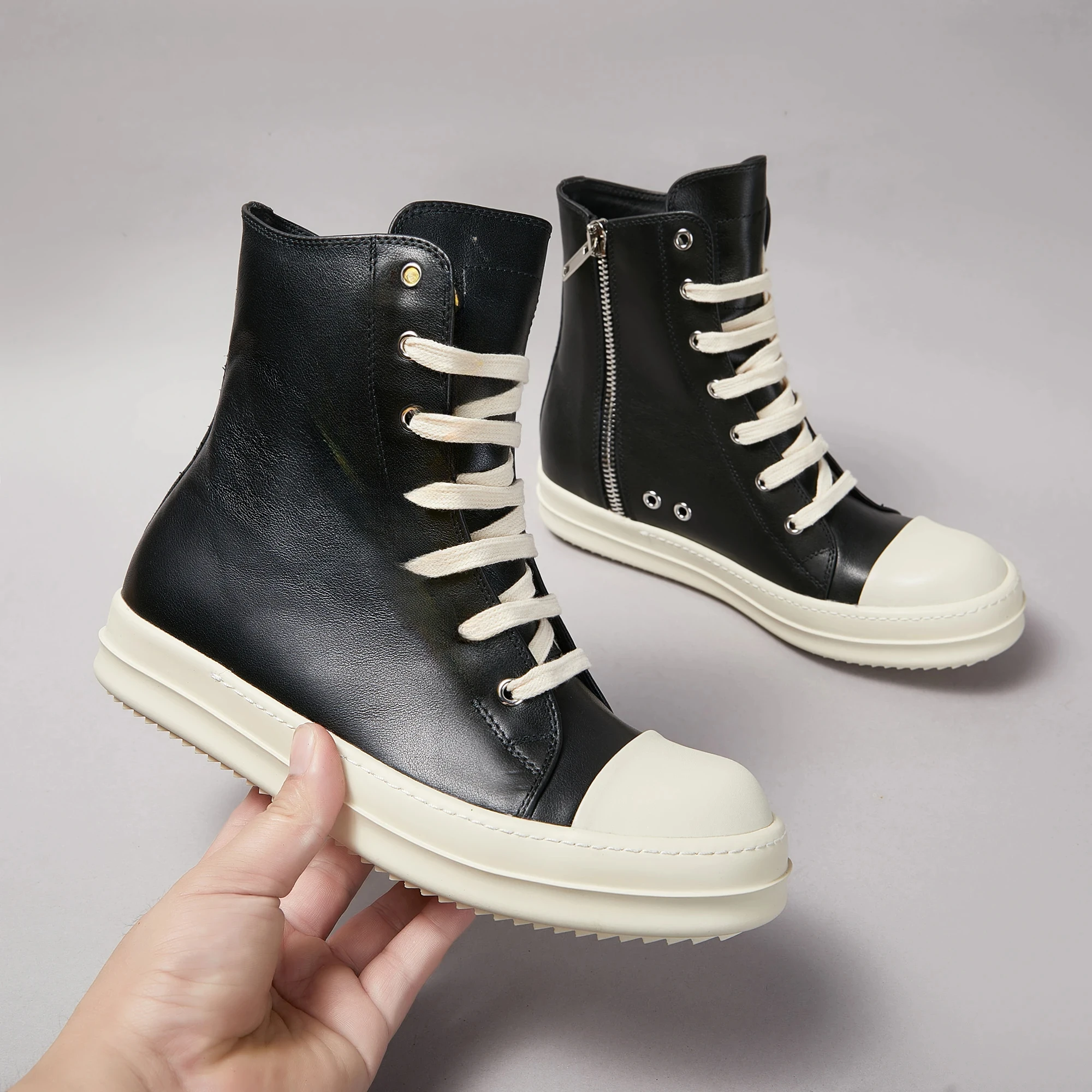 Brand Men Ankle Boot High Top Women Sneaker Casual Quality Black Leather Designer Zip Ow-en Street Luxury Flat Platform Shoe