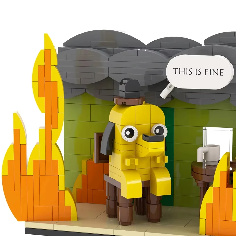 MOC This is Fine Dog Building Block Anime Cartoon Fire Meme Vignette Hound Dog Pets Animal Brick Model Toy with Paper Manual