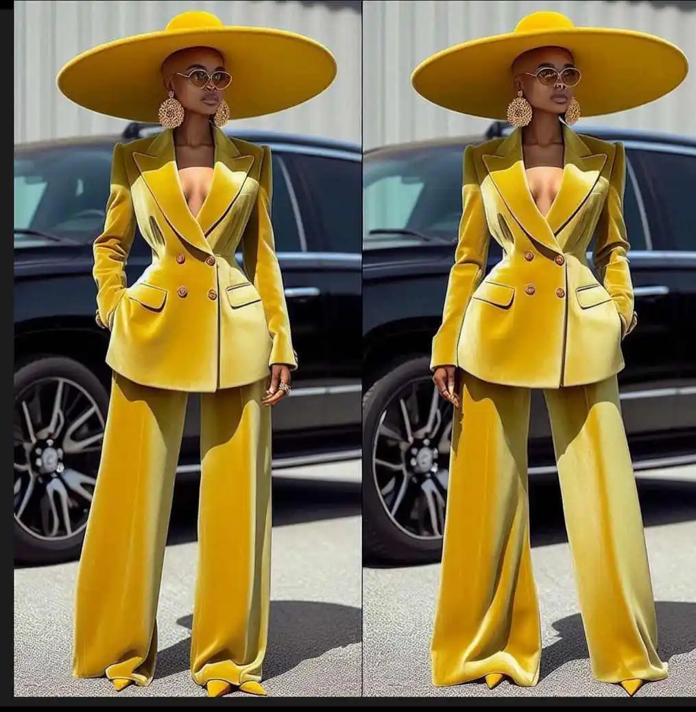 Gold Velvet Women Blazer Sets 2 Pieces Long Sleeve Customized Formal Lady Coat Pants Wear Guest Party