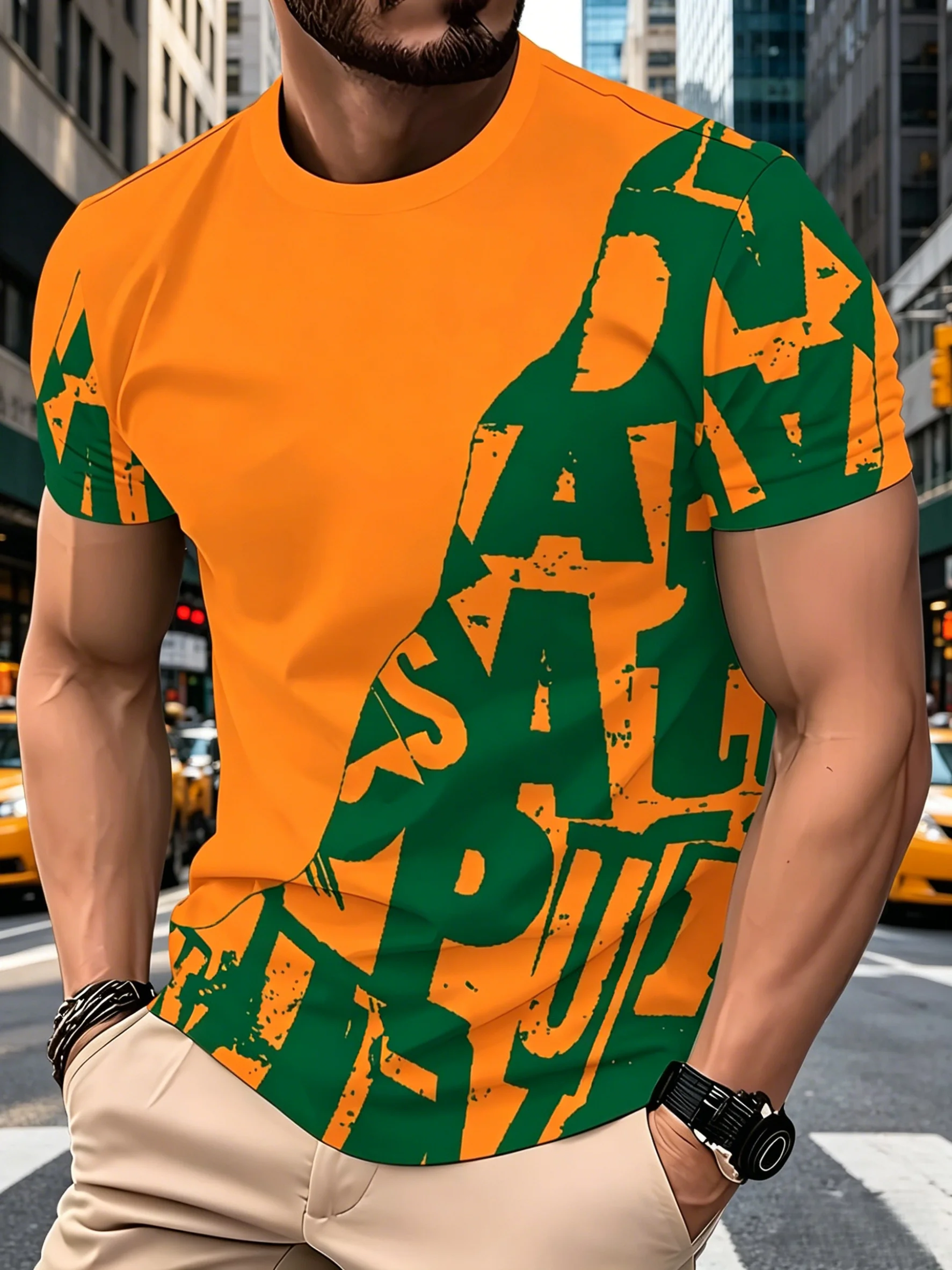 New men's short-sleeve T-shirt, loose-fitting and tailored with printed designs, versatile basic crew-neck top suitable for spri