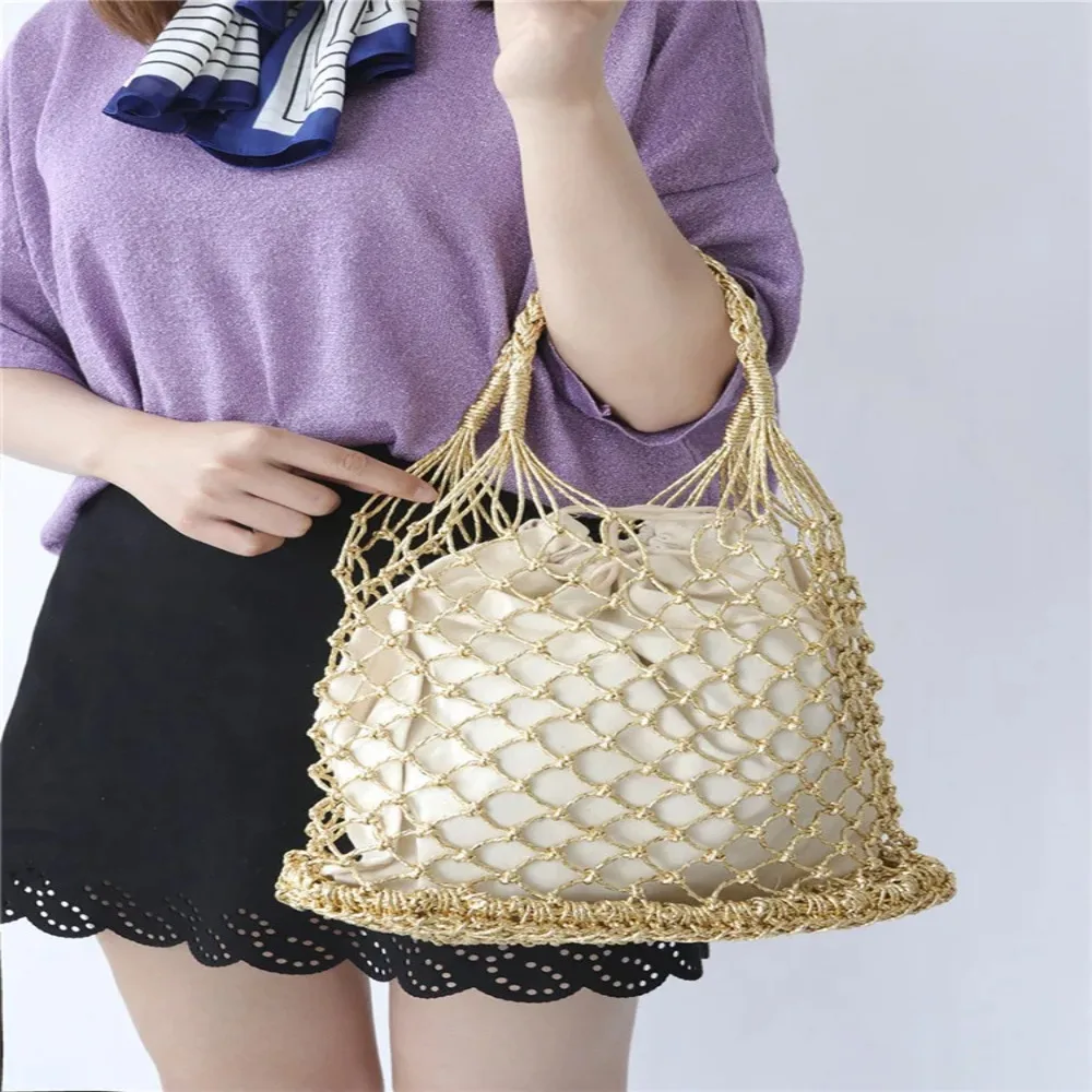 Gold silver 2 color bright paper ropes hollow woven handbag cotton lining straw bag female Reticulate handbag netted beach bag