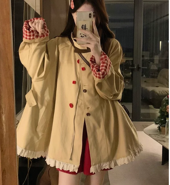 Autumn Winter Plus Size Girl on Both Sides Wear Loose Sweet Ruffles Coat Fashion Round Neck Long Sleeve Versatile A-line Jacket