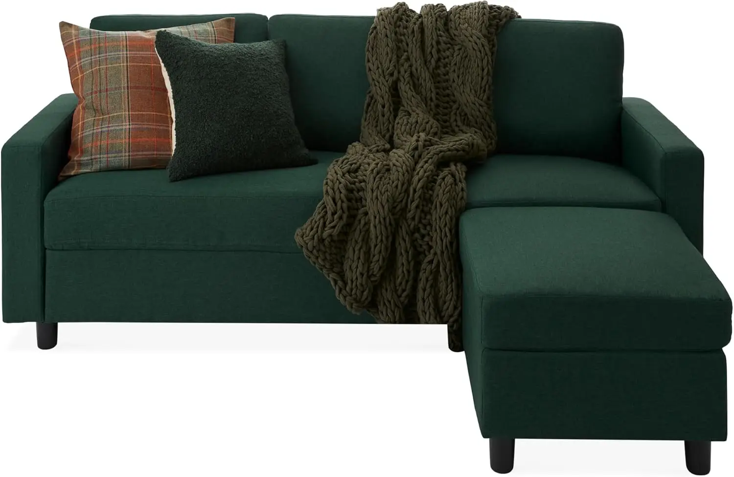 Family, dormitory, cushioned sofa with lounge chair, 3-seater, L-shaped design, can hold 680 pounds - dark green