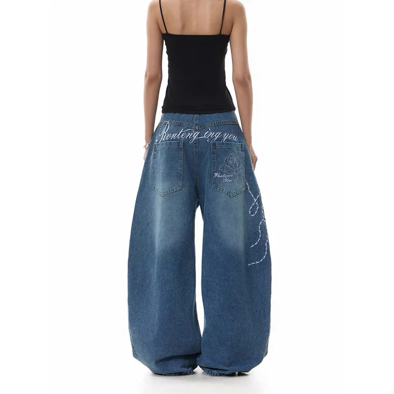 

Women Vintage Embroidery Y2K Baggy Jeans High Waist 2000s 90s Casual Wide Leg Denim Pants American Retro Harajuku Trousers