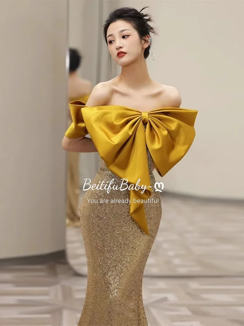 BeitifuBaby Palace Style Golden Evening Dress for Women Strapless Bow Neck Off The Shoulder Mermaid Gown Banquet Formal Dresses