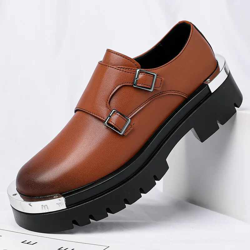 Autumn New Thick Soled Non Slip Buckle Casual Big Toe Leather Shoes Korean  Men's Business Formal Round Toe Casual Leather Shoes