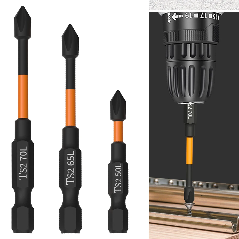 3PC Orange S2 Impact Strong Magnetic Anti Slip 50-70mm Electric Hand Drill Cross Screwdriver Bit Electric Tool Accessory Set