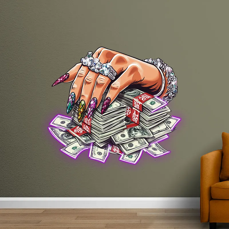 Jeweled Hand Pressed A Handful Of Money Neon Sign, Creative Wall Hanging Neon Light, Wall Decor LED Light