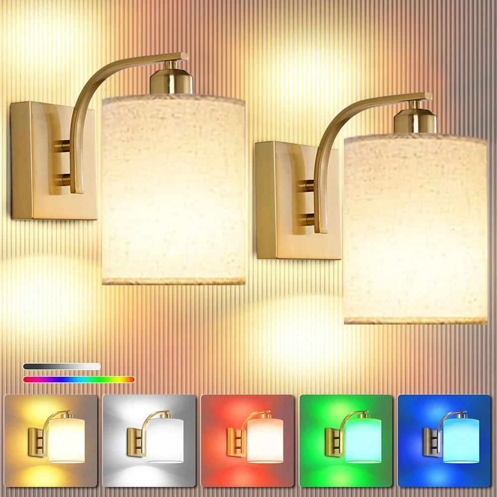 

2 шт. перезаряжаемых настенных светильника 5 Вт с тканевым абажуром, 3 цветовые температуры, 15 RGB, диммируемые, с пультом ДУ, на батарейках, для декора спальни и прихожей