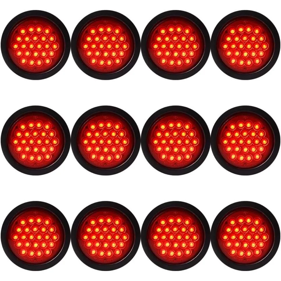 

12pcs 4 Round Red 24LED Brake Stop Running Light Tail Lamp Grommet Plug Kit for Truck Trailer RV UTV Durable Waterproof Design