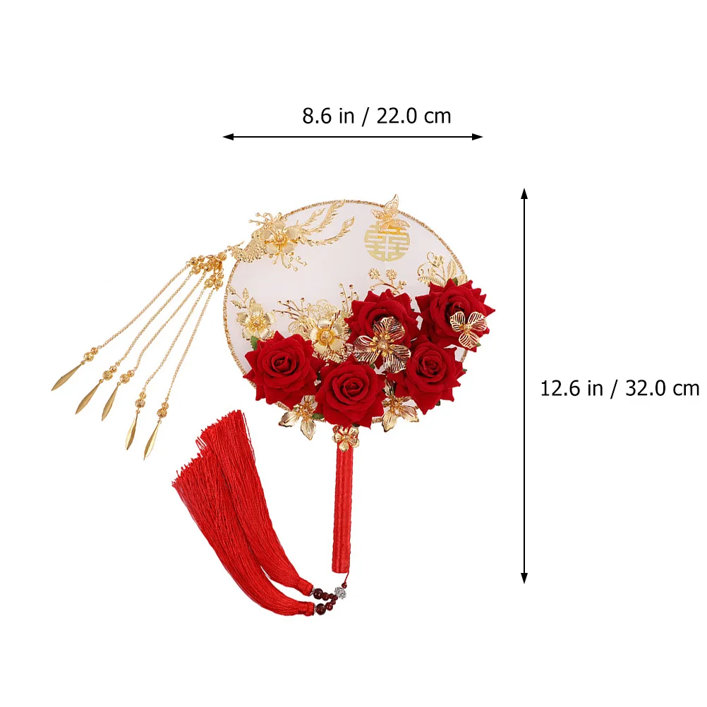 

Chinese Circular Hand Fan Silk Flower Alloy Wedding Bride Round Photography Props Classical Tassel Decorative Fan