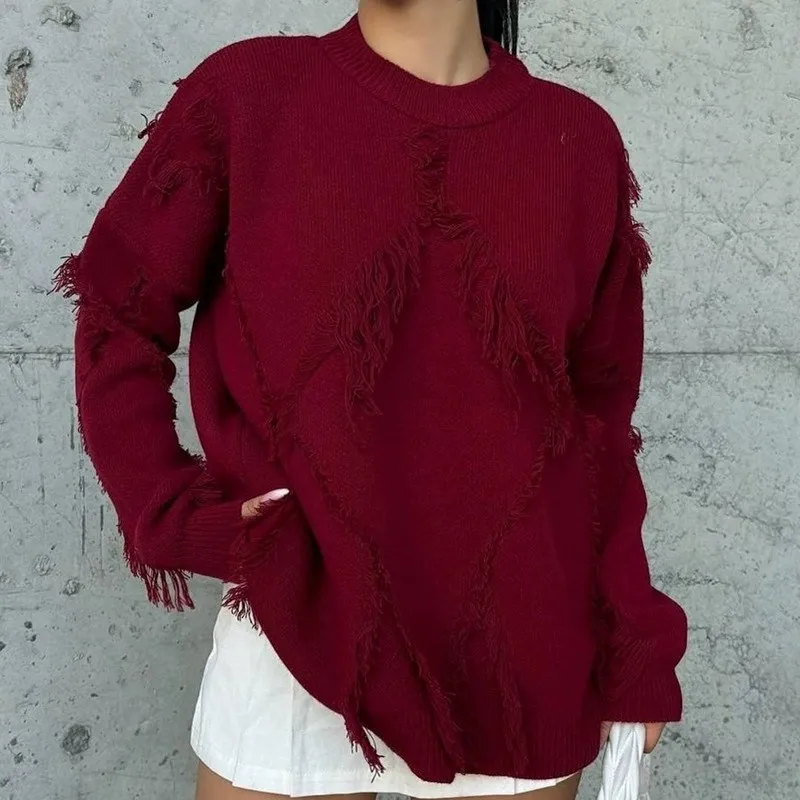 

Retro Tassel Oversize Knitted Sweater For Women Fashion Hollow Out Long Sleeve Knitt Pullovers Autumn Basical Jumpers