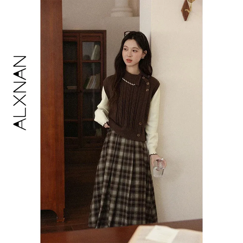 ALXNAN Women's Brown Sweaters Fake Two-piece Color-block Patchwork Button Pullovers Breathable Comfortable Knitted Tops L57733