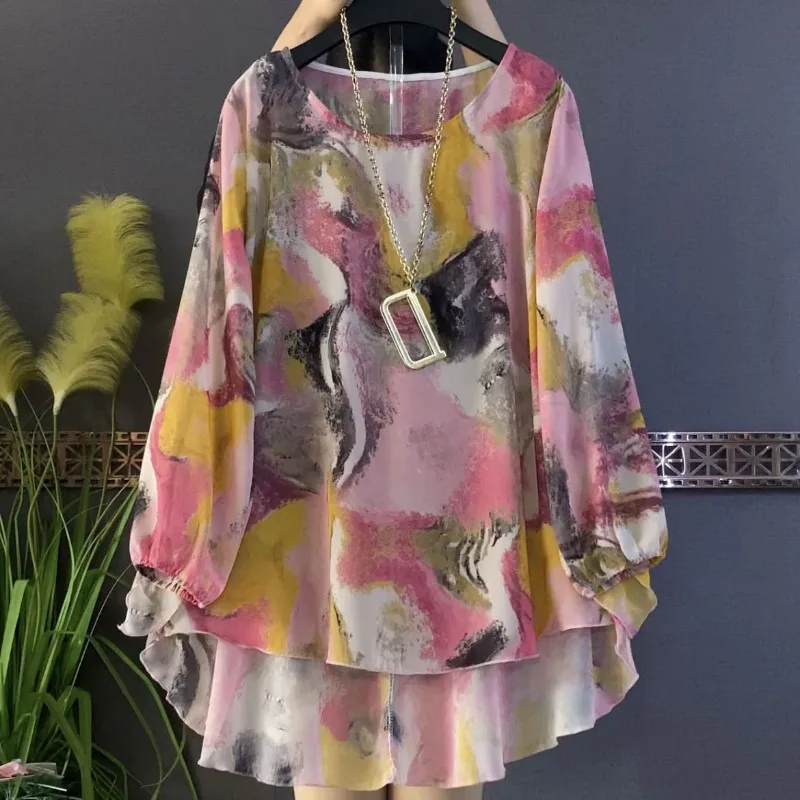 

New Spring Summer Floral Top for Women with Round Neck Floral Floral Leaves Loose Fashionable Temperament Versatile Fashionable