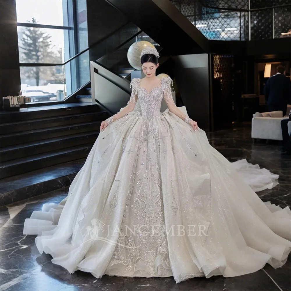 

Luxurious Wedding Dress Embroidered Lace With Sequins Beadin Ball Gown O-Neck Full Sleeve Vestido De Novia Customized Chic