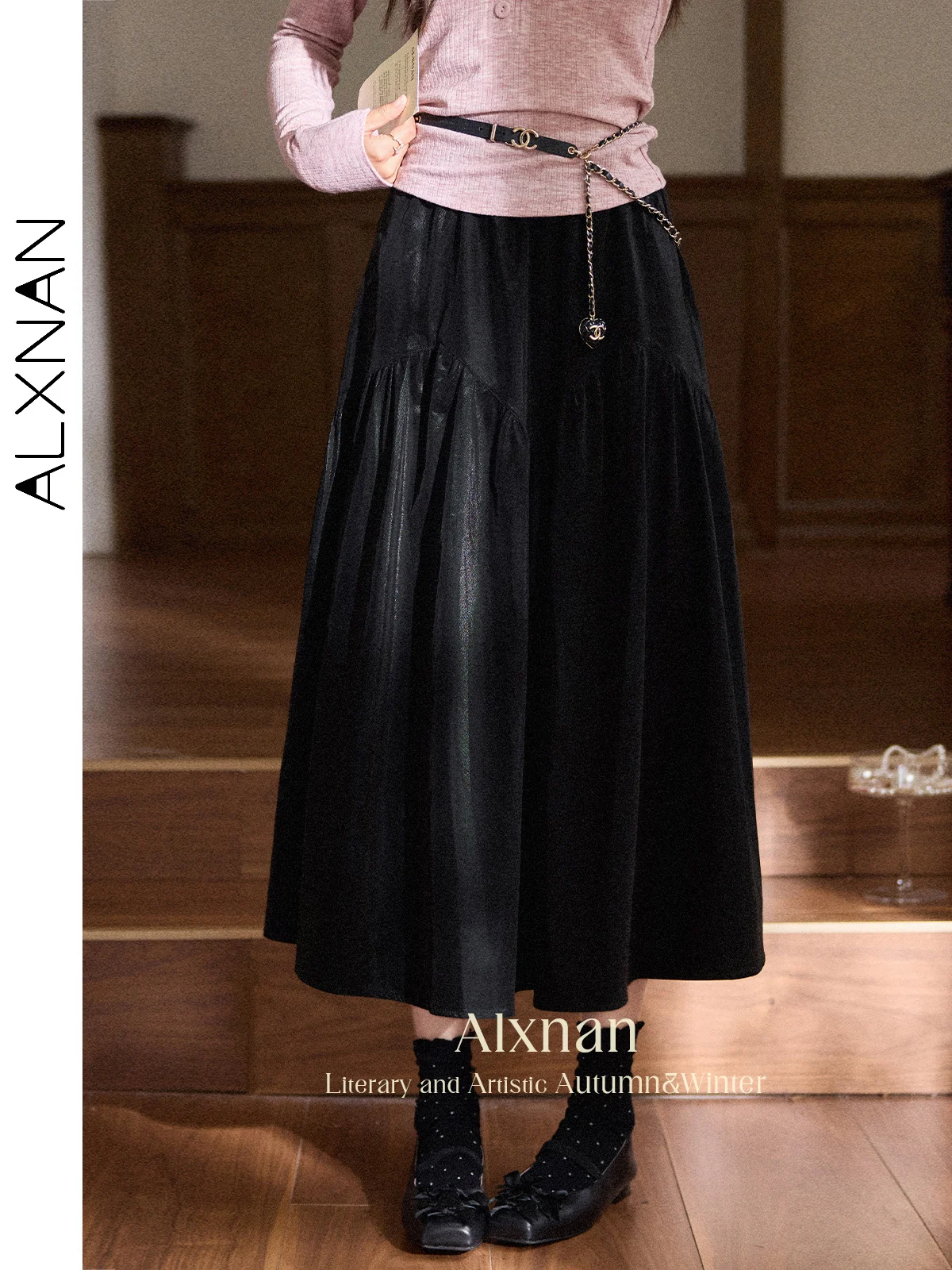 

ALXNAN Women's Skirt Black Long A-line High-waist Skirt 2025 Autumn Office Lady Casual Elegant Basic Loose-fit Clothing L56956