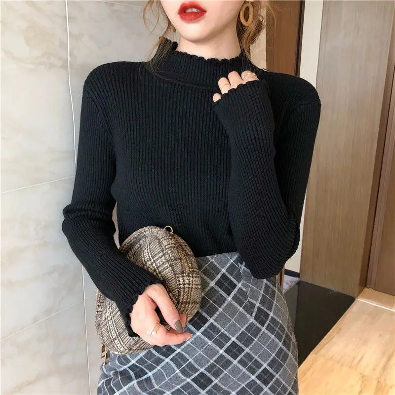 Camicia lavorata a maglia elastica skinny con collo a lupetto primavera autunno Pullover da donna Top Camicie con fondo in maglia sottile a maniche lunghe da donna
