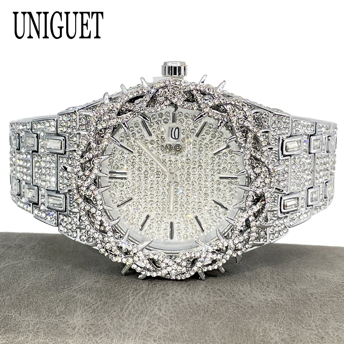 UNIGUET Luxury Diamond Watches Mens Fashion Thorn Bracelet Hip Hop Full Ice Out Bling Quartz Wristwatch 2026 Hot Sale
