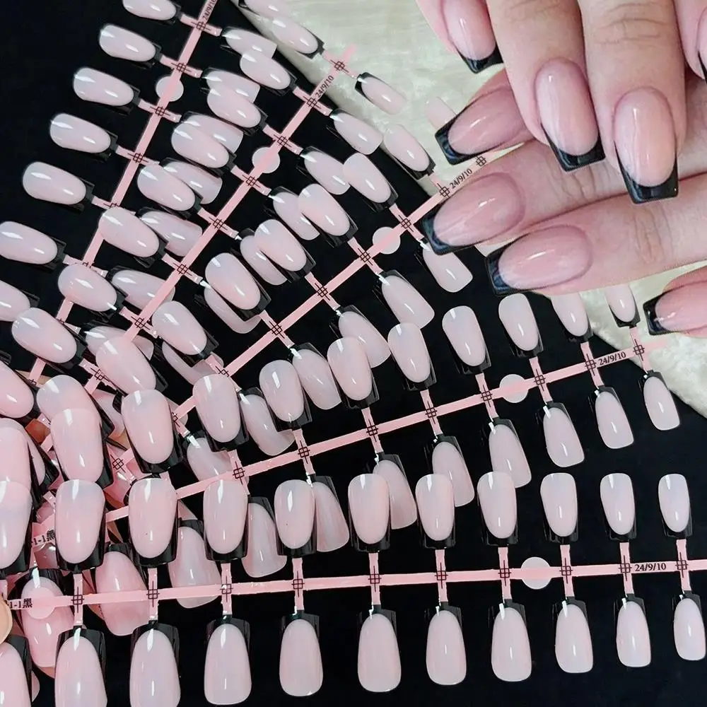 120 Uds. Uñas postizas de punta francesa con borde negro brillante, 12 tamaños, longitud media, prensa cuadrada en uñas, acabado de cobertura completa brillante, punta de uñas falsa