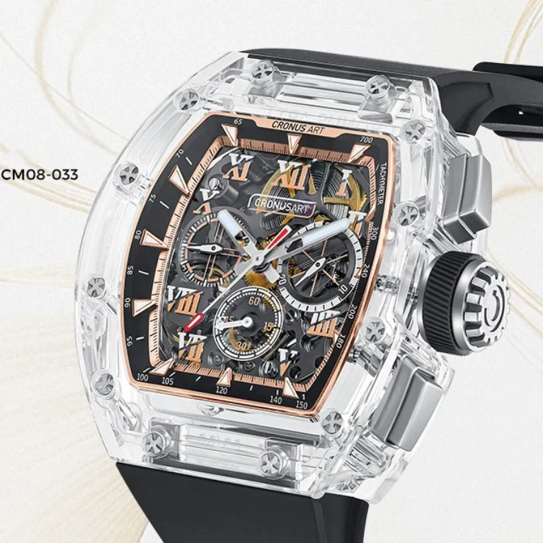 

CRONUSART Men Chronograph Watch 50mm Mechanical Wristwatch Sapphire Tonneau Case Luminous Fluororubber Strap Skeleton Dial