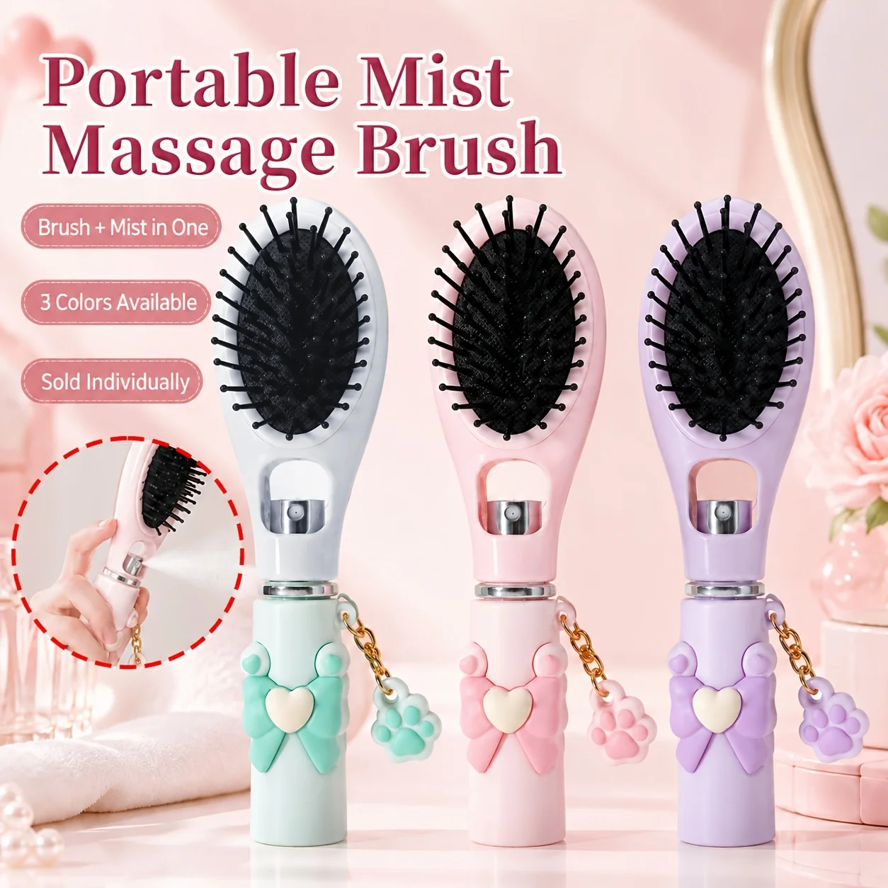 2-in-1 Portable Hair Spray Brush & Mini Comb with Mist Bottle & Bow Charm, for Travel-Friendly Air Cushion Massage Comb
