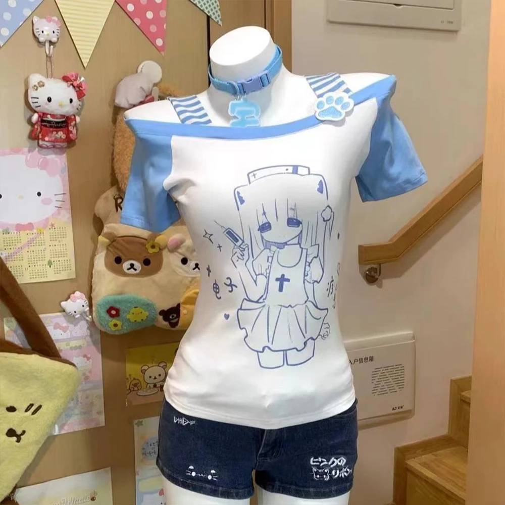 

Japanese Kawaii Cute Lolita T-Shirts Women Y2K Aesthetic Anime Print Off Shoulder Slim Tops Sweet Short Sleeve Gothic Punk Tees