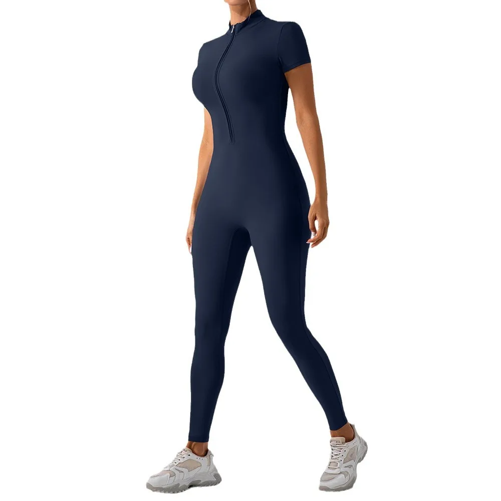 Tute da donna Manica corta Yoga Sottile Slim Fit Stretch One Piece Pagliaccetto Fitness sexy Abbigliamento sportivo femminile Cerniera stretta da donna