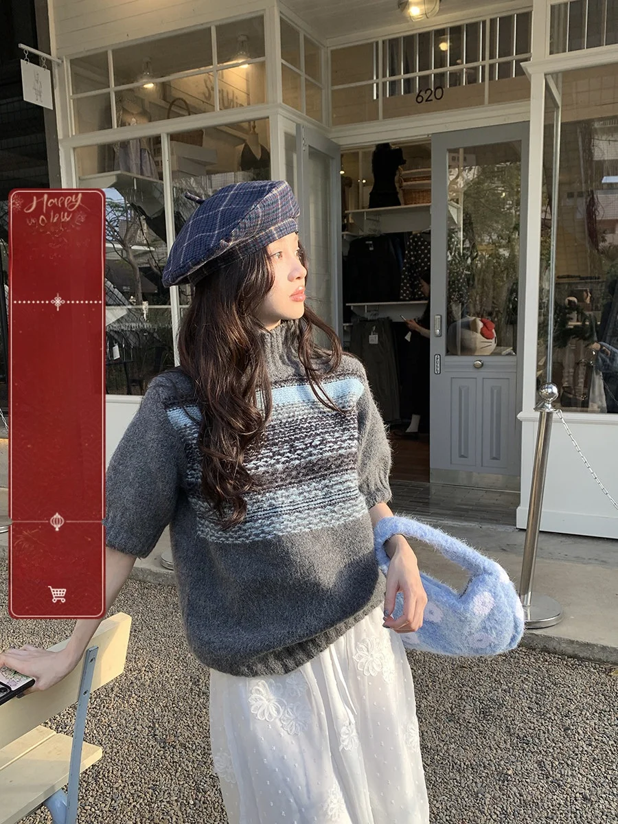 

Sinbounboun Korean Sle Striped ort Sve Knitted Sweater Women's Bubble Sve Layering f High Collar Casual Loose Fit