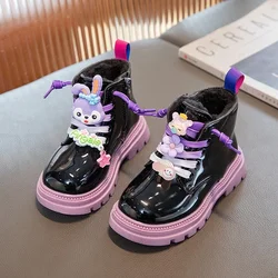 Winter Children Shoes Girls Boots Leather Cartoon Rabbit Kids Plush Sneaker Fashion Non-slip Cute Flat Ankle Boot Girls Sneaker