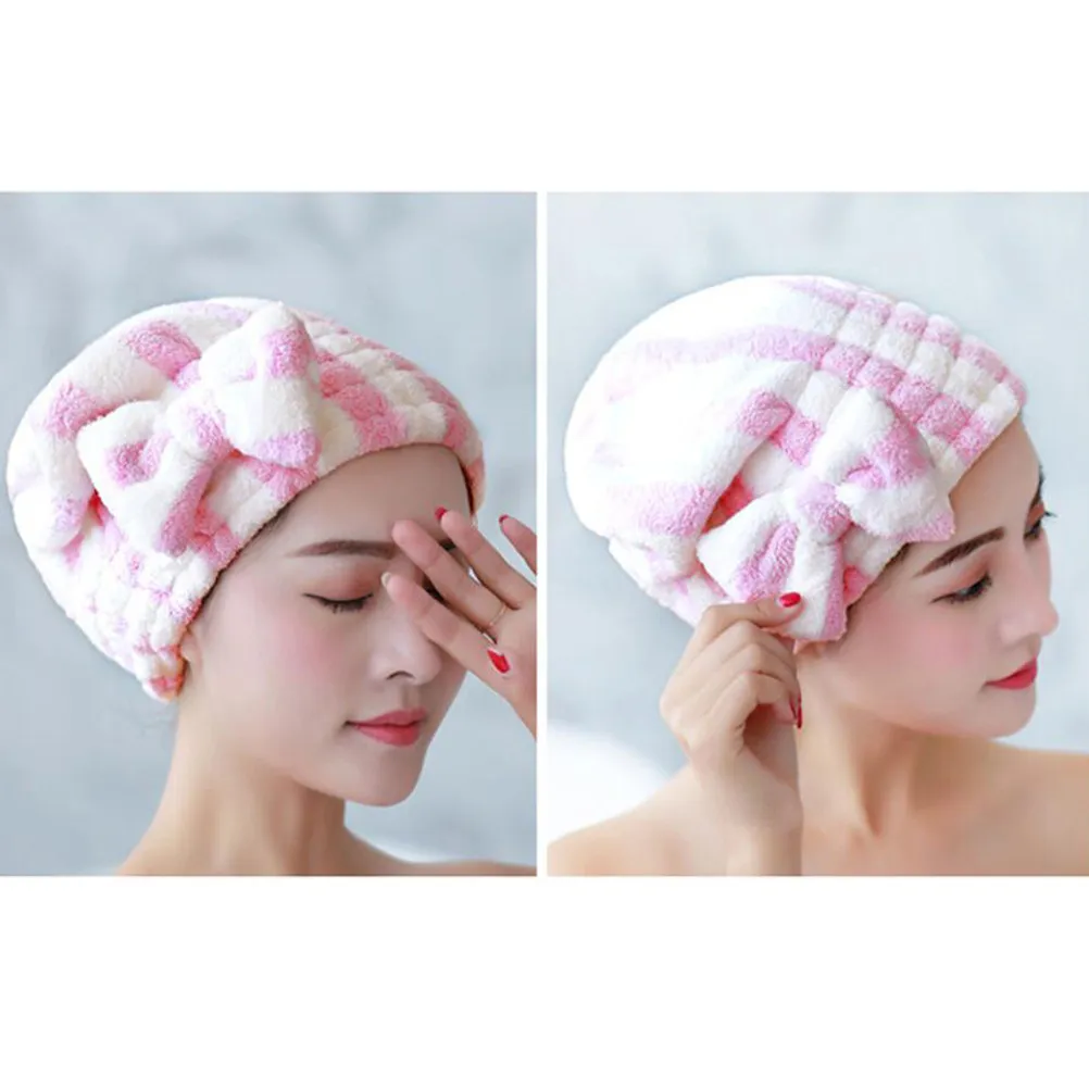 Hair Drying Cap Pink Stripes Bowknot Water Absorption Headband Elastic Shower Bathroom Supplies Fast Dry Wrap Hair Care