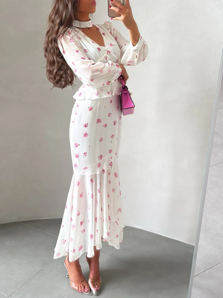 Women White Pink Floral Choker Neck Midi Dress Elegant V-neck 3/4 Sleeve Peplum Ruffle Hem Cusual Dress Fitted Cocktail Dresses