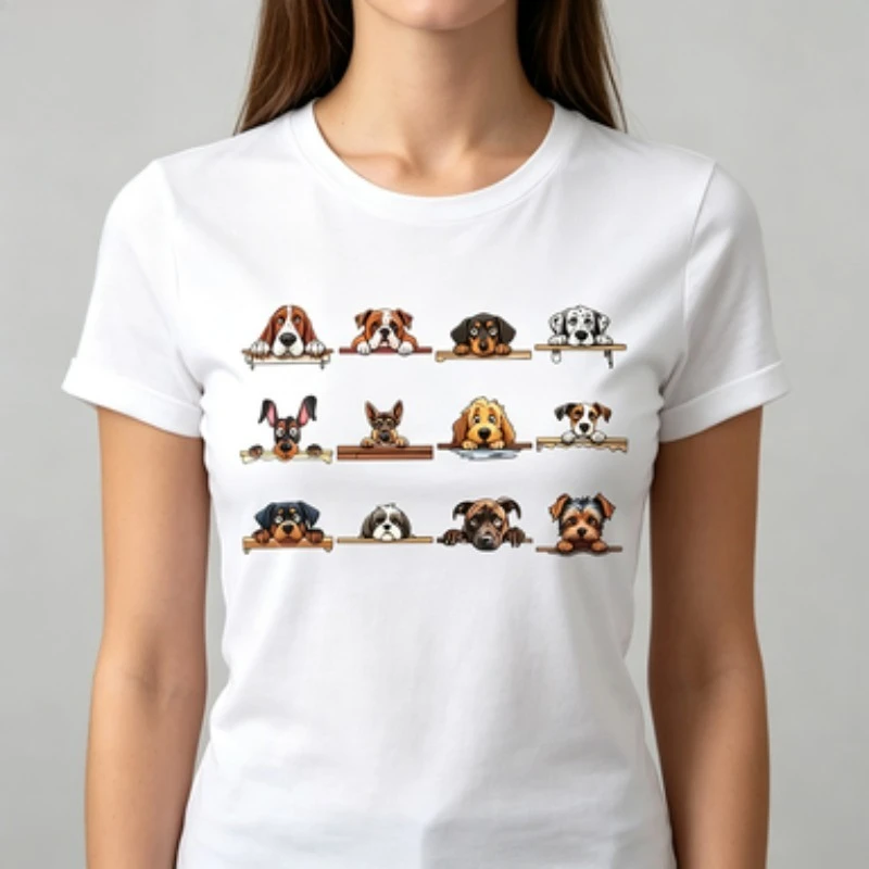 Women's Casual Short Sleeve T-Shirt Cute Dog Breed Pattern Print Round Neck T Shirt 90s Fashion Graphic Tees Tops Clothes Female