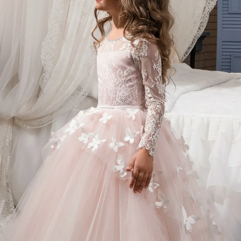 Elegante manica lunga Flower Girl abiti in pizzo banchetto Party bambini ragazze compleanno abiti da ballo farfalla Kid Tulle Dress Vestido