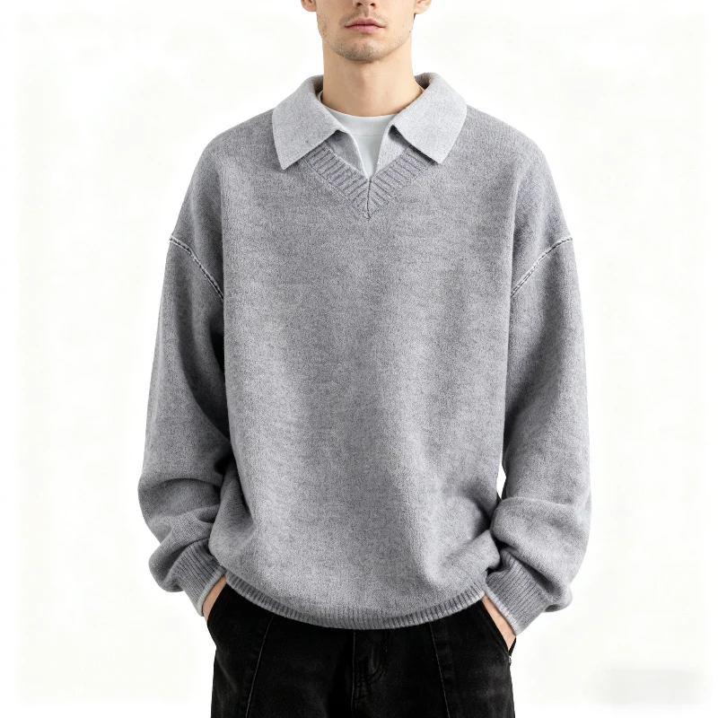 

2025 Men Collar Knitted Sweaters Solid Color Autumn Winter Vintage Streetwear Male Casual Loose Knitwear Fashion Pullover Tops