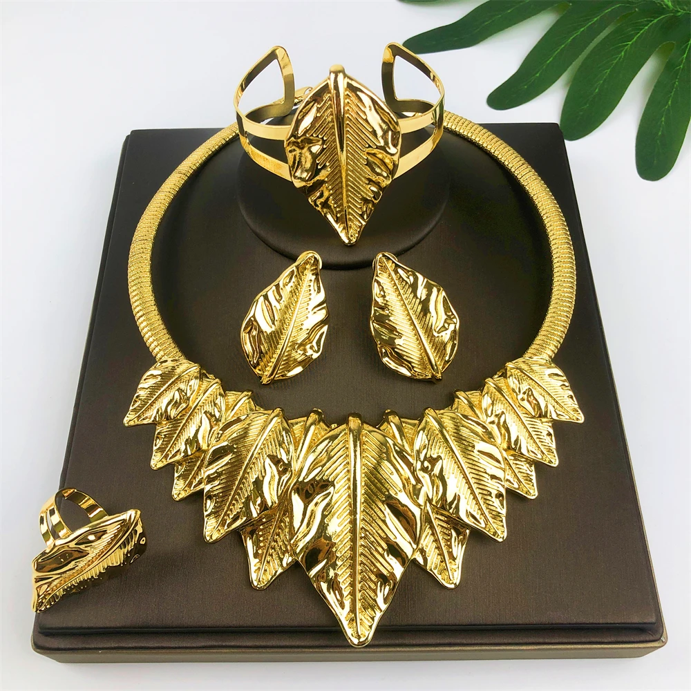 

Nigeria Original 18K Gold Plated Jewelry Set Women Leaf Shaped Necklace Earrings Bracelet Ring Wedding Party Accessories Gifts