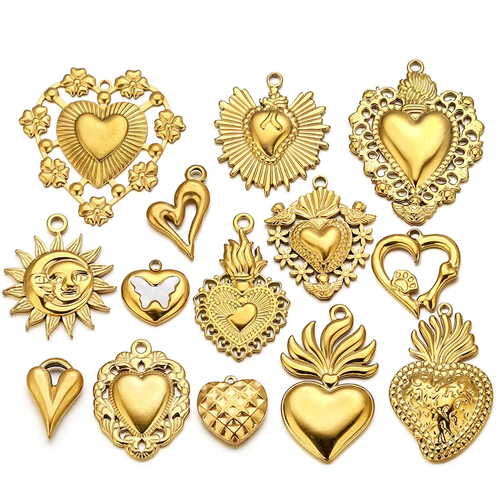 5pcs Stainless Steel Heart Sun Charms Connectors Gold-Plated PVD for DIY Necklaces Bracelet Jewelry Making Accessories Wholesale