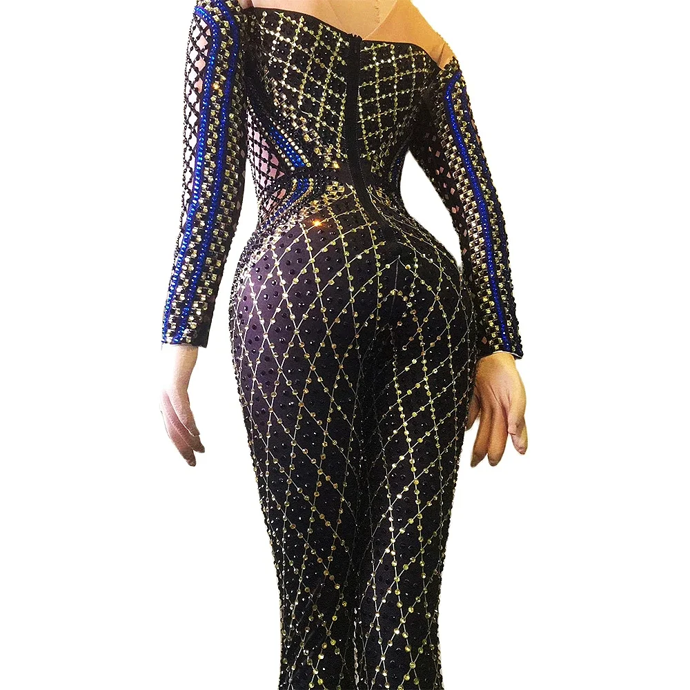 Сверкающие красочные кристаллы и стразы, женский комбинезон с длинным рукавом, эластичный костюм певицы для выступлений на сцене, джазовый танцевальный костюм