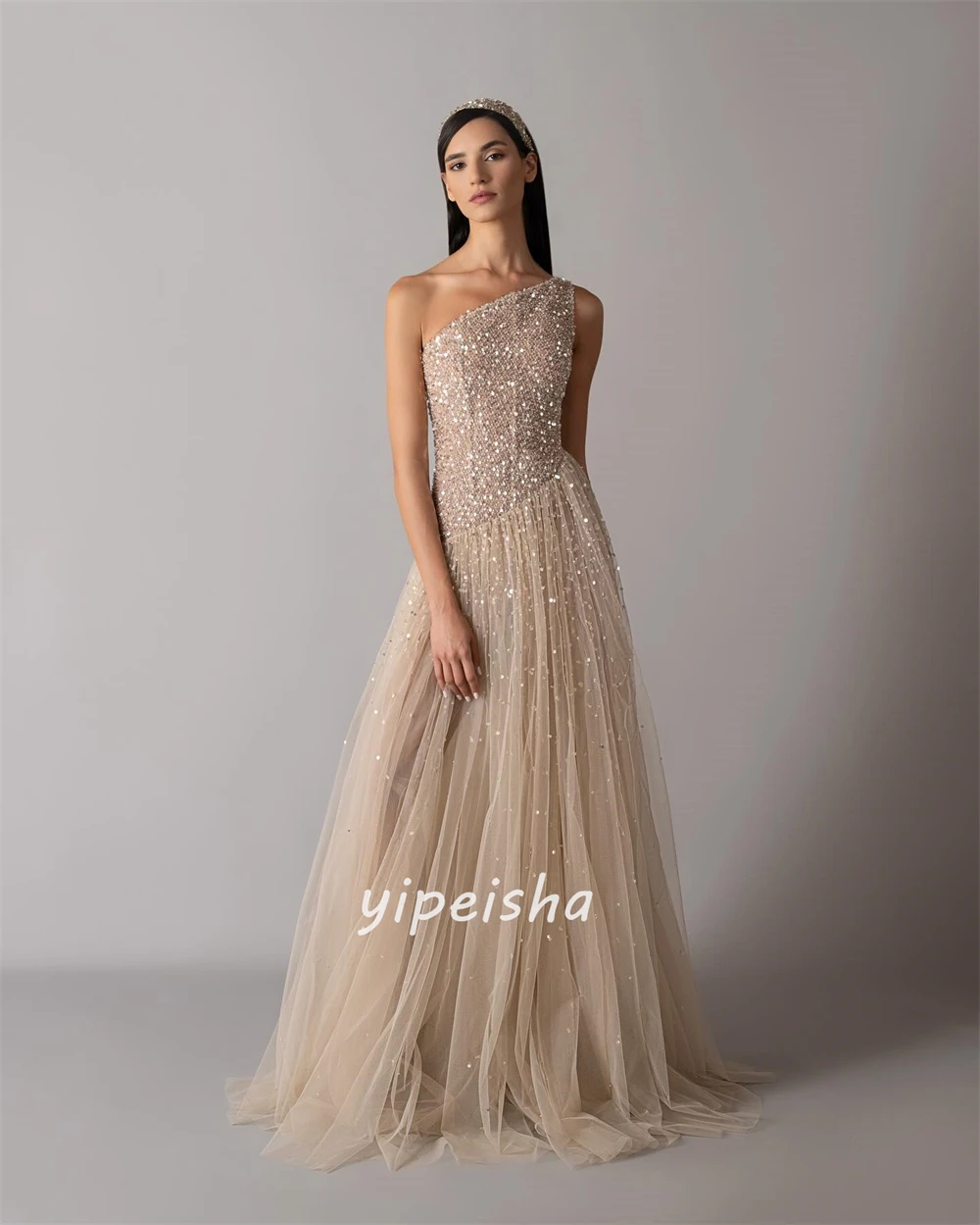 Customized High Quality Classic Tulle Sequined Beading A-line One-shoulder Long Dresses Bespoke Occasion Dresses Modern Style