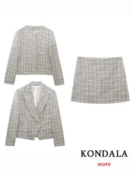 KONDALA Chic percalle Fashion 2023 primavera Vintage Office Lady donna abiti manica lunga scollo a V Blazer Button Top minigonna Shorts