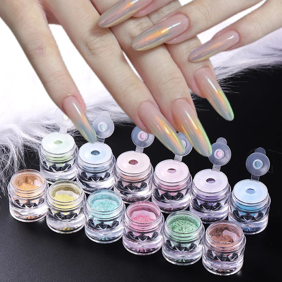 12pcs Auroras Nail Powder Chrome Metallic Mirror Effect Holographic Nail Glitter Pigment Nail Art Gel Polish Manicure Decoration