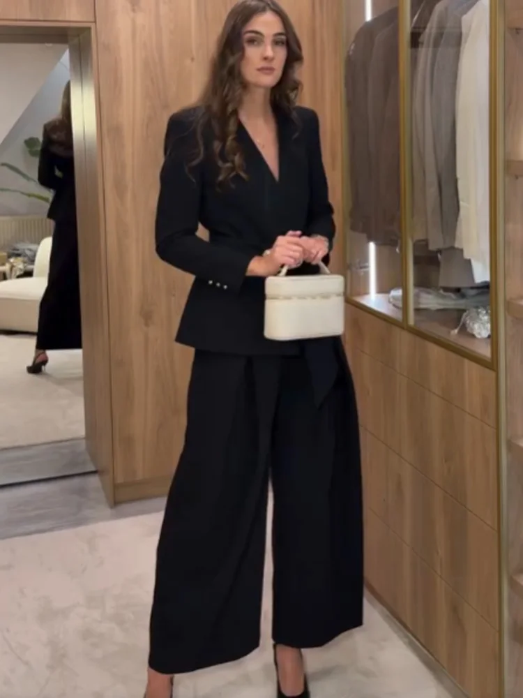 HH Women Spring Fashion Long Sleeve Golden Buckle Belt Blazer Jacket+High Waist Casual Loose Pleated Trousers Solid 2-Piece Set