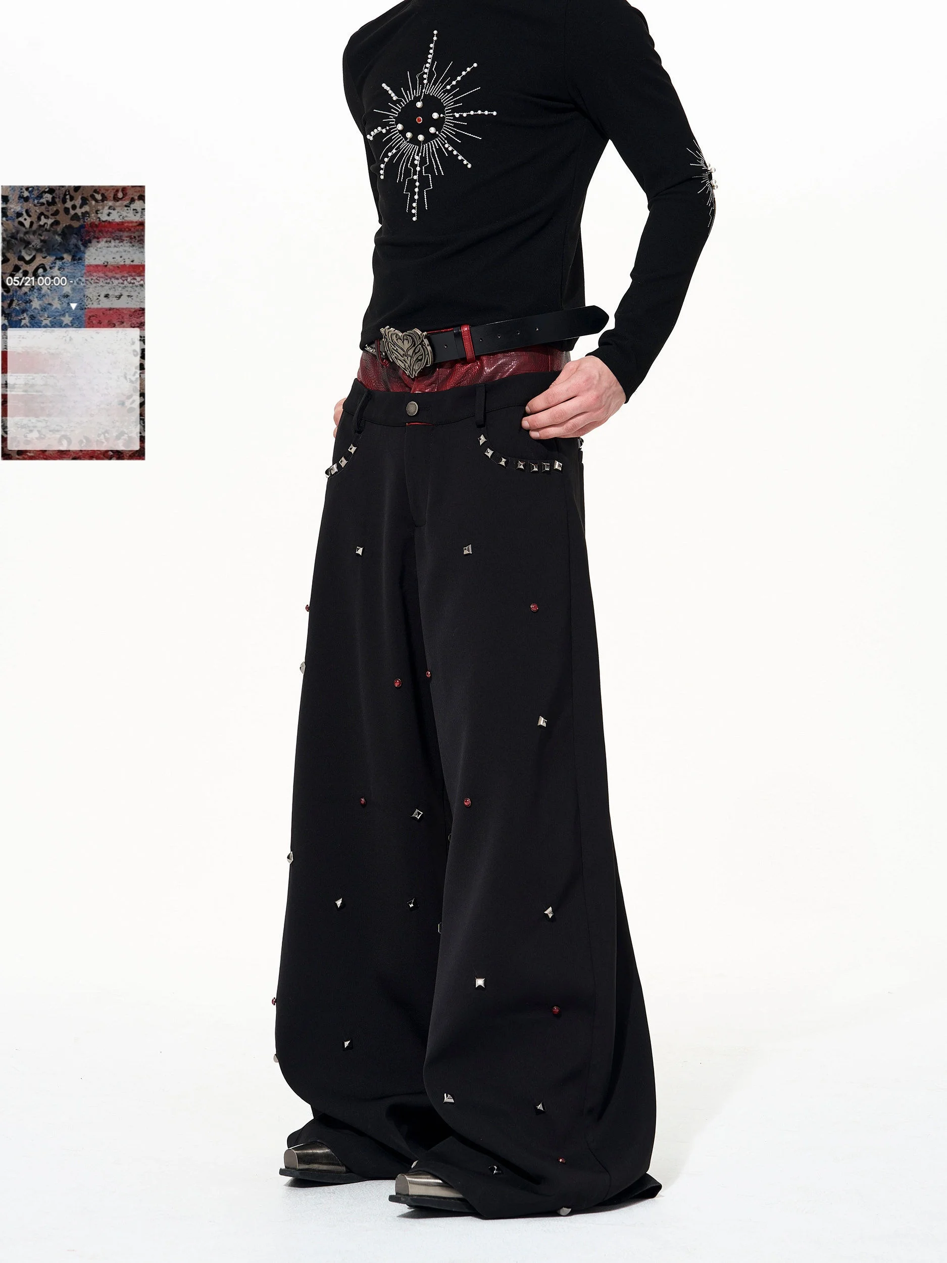 

Black Leather Patchwork Casual Pants for Men Straight Leg Design Autumn Winter Rivet Detail Floor-Length Polyester Cotton Blend