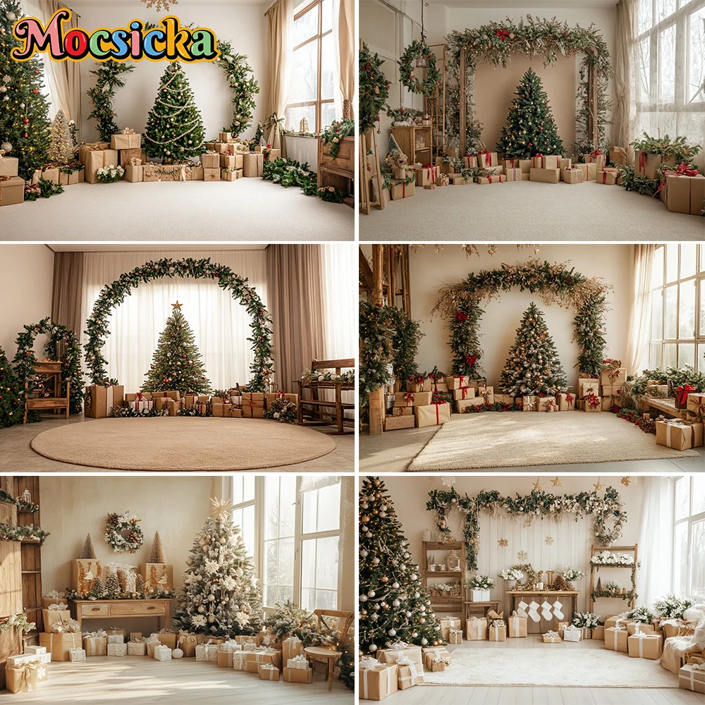 

Christmas Room Photography Backdrop Xmas Tree Decor Background Retro Door Window Flower Family Portrait Photo Studio Supplies