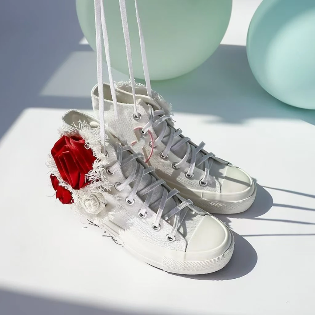 

White high-top lace flower canvas shoes custom-made large-sized lace-up casual sports women's shoes 35-44