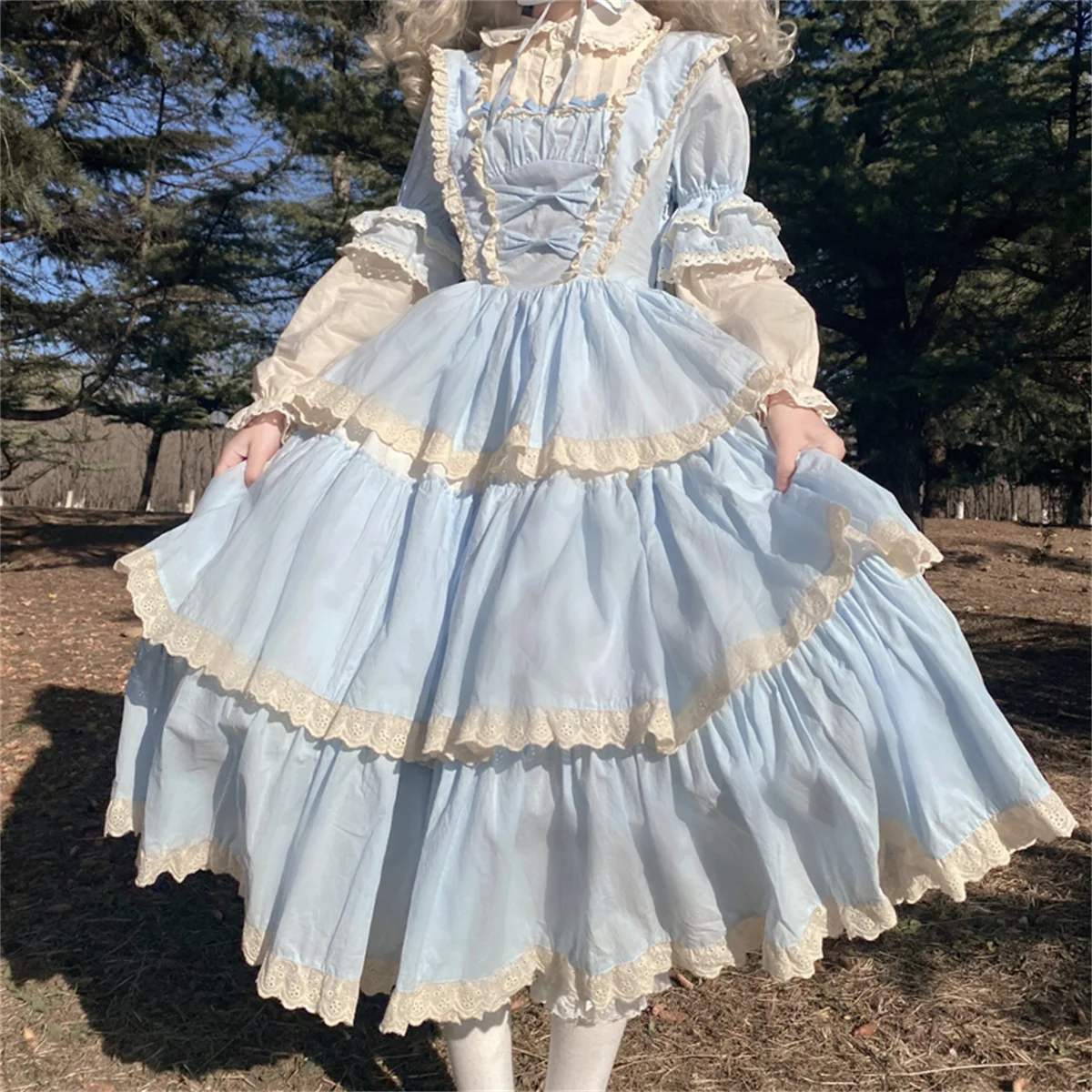 

French Idyllic Style Lolita Cosplay Kawaii Girl Op Solid Color Gentle Ruffle Lantern Sleeve Peter Pan Collar Bowknot Tunic Dress