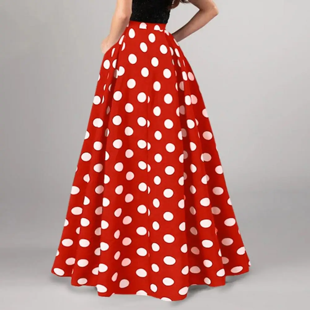 Polka Dot Flared A-line Women Maxi Skirt A-line Pleated Long Skirts Summer Lady Vintage Elastic Waist Dot Print Silhouette Skirt