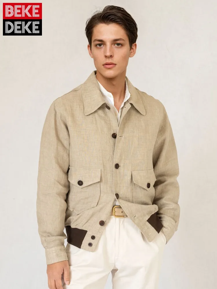 Autumn Business Men Work Breathable 100% Linen Jacket Single Breasted Casual Outwear Coat Vintage Lapel Collar Pockets Jackets