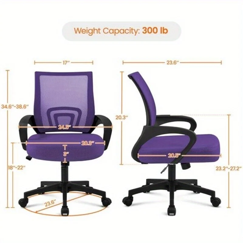 Office Desk Chair Ergonomic Mesh Adjustable Task Chair Computer Chair in Purple